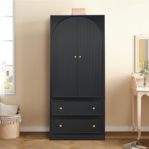 RARZOE Armoire Wardrobe Closet with 2 Striped Doors, Freestanding Wooden Wardrobe Cabinet with 2 Storage Drawers and Hanging Rail