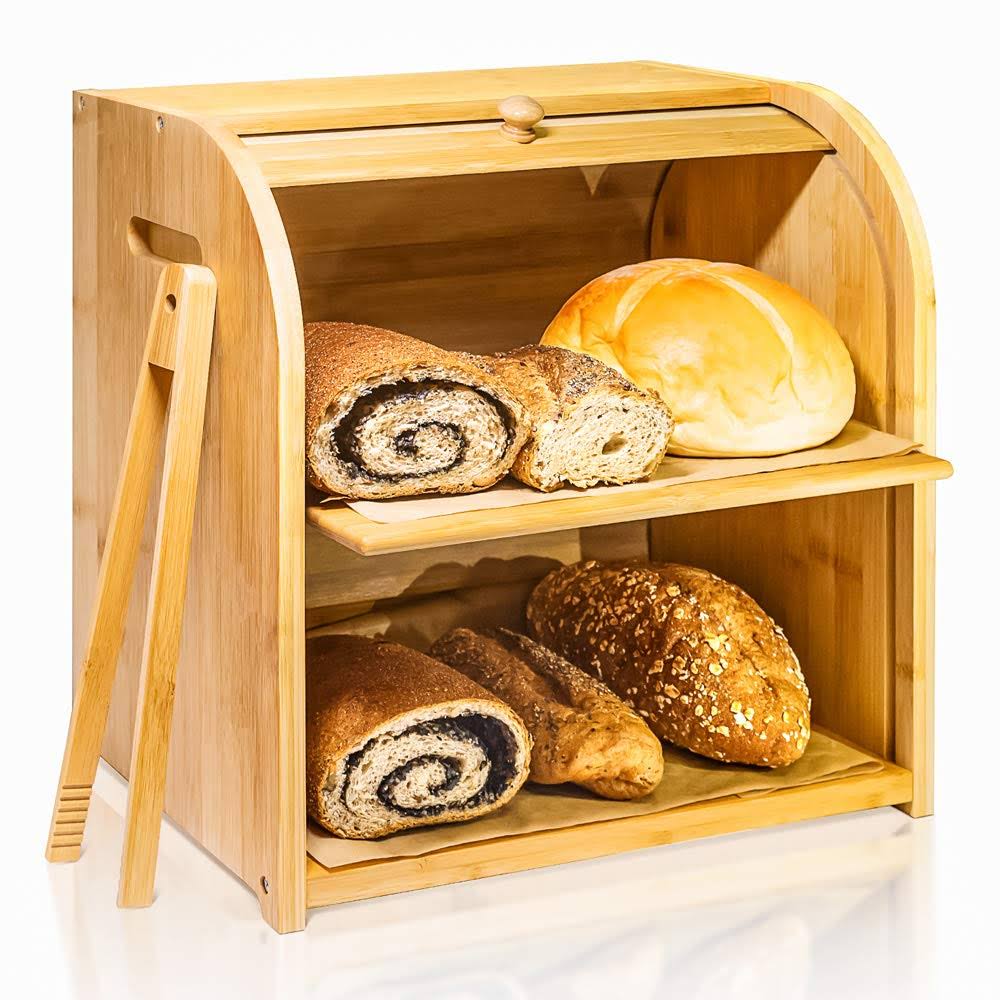 Bamboo Bread Box, Finew 2 Layer Rolltop Bread Bin for Kitchen, Large Capacity