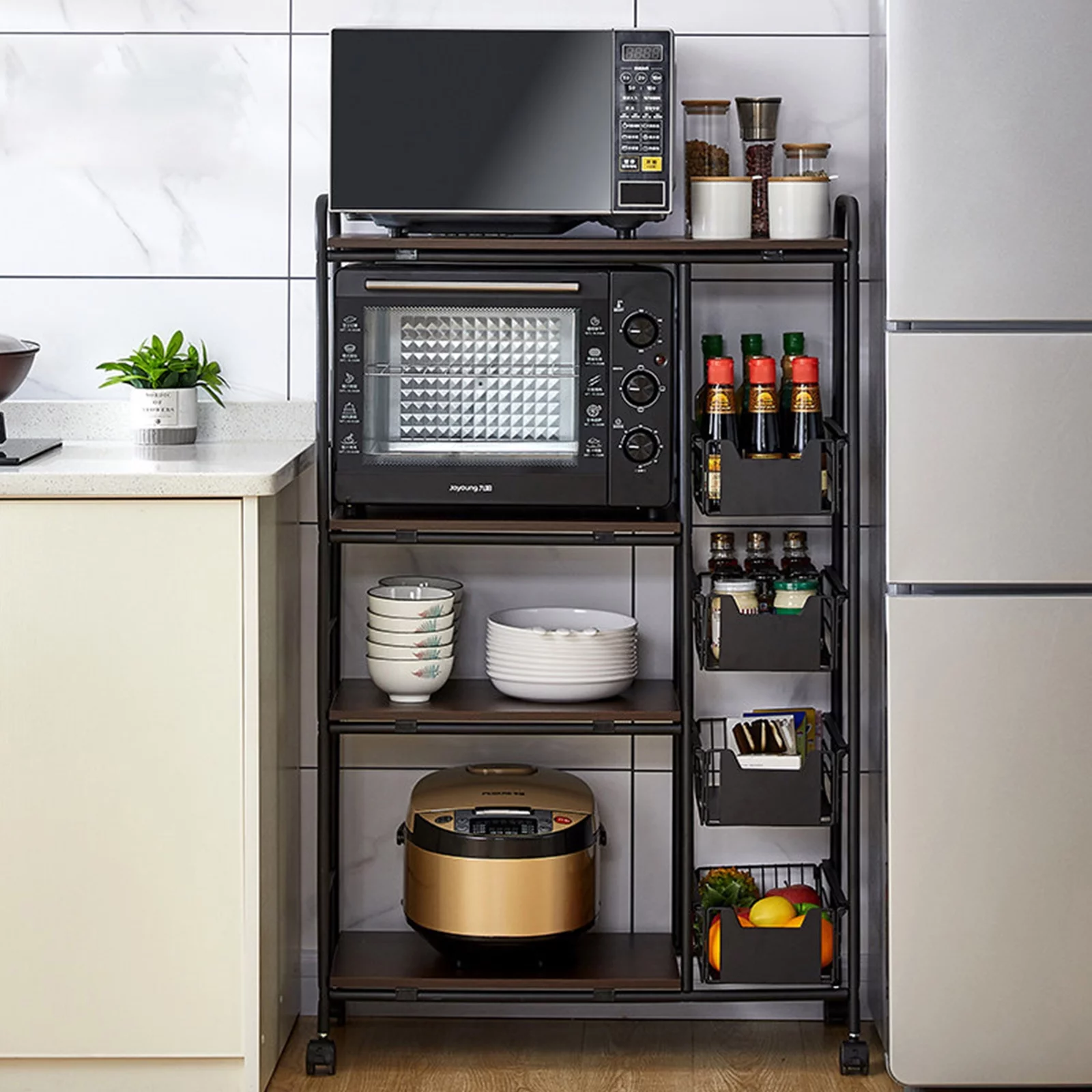 Miumaeov Kitchen Storage Rack Utility Microwave Oven Stand Storage Shelf + Push-Pull Drawer Black 27.9" L x 13.7" W x 45.2" H