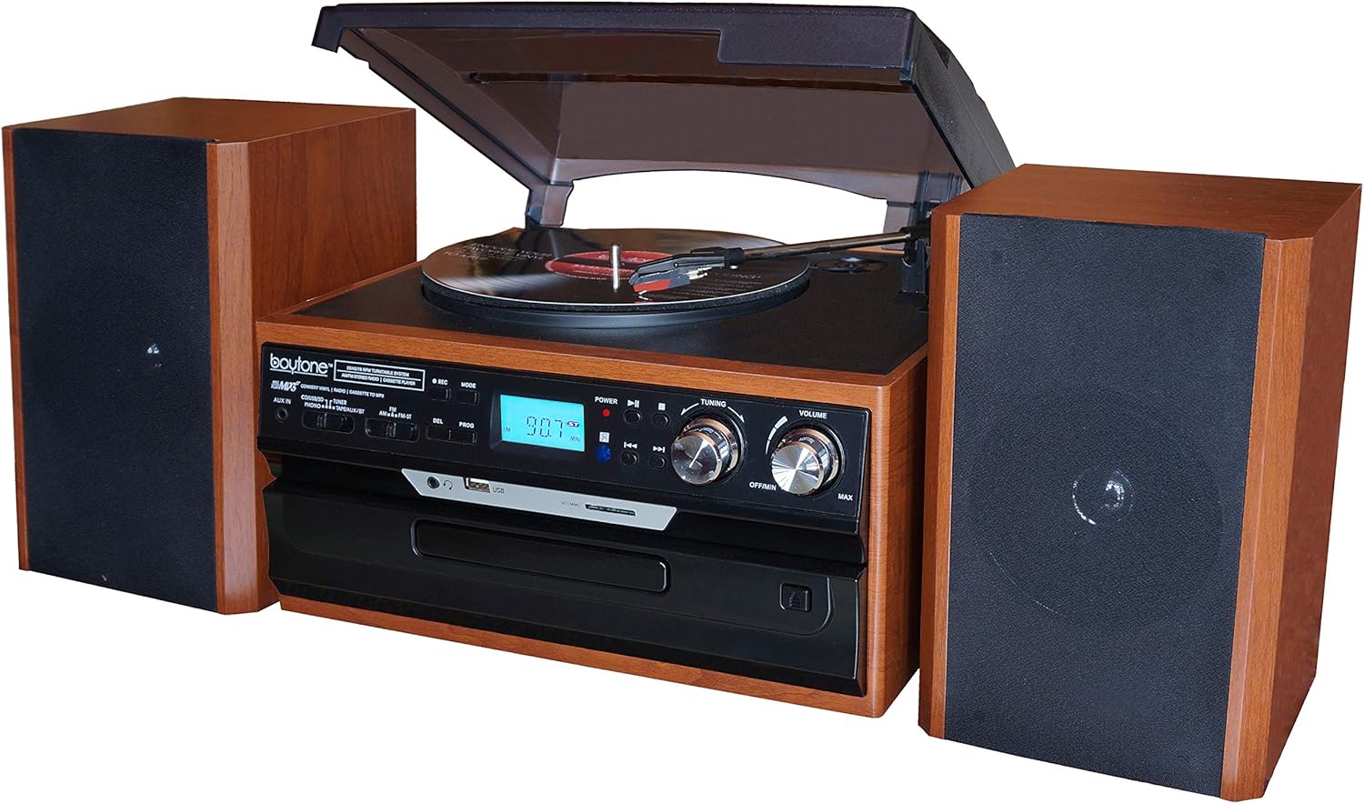 Boytone BT-24MB Bluetooth Classic Style Record Player Turntable with AM/FM Radio, CD/Cassette Player, 2 Separate Stereo Speakers, Record from Vinyl