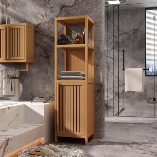 Tall Bathroom Storage Cabinet, Bamboo Storage Cabinet with Door and 2 Tier Shelves - Narrow Bathroom Cabinet Freestanding for Bedroom