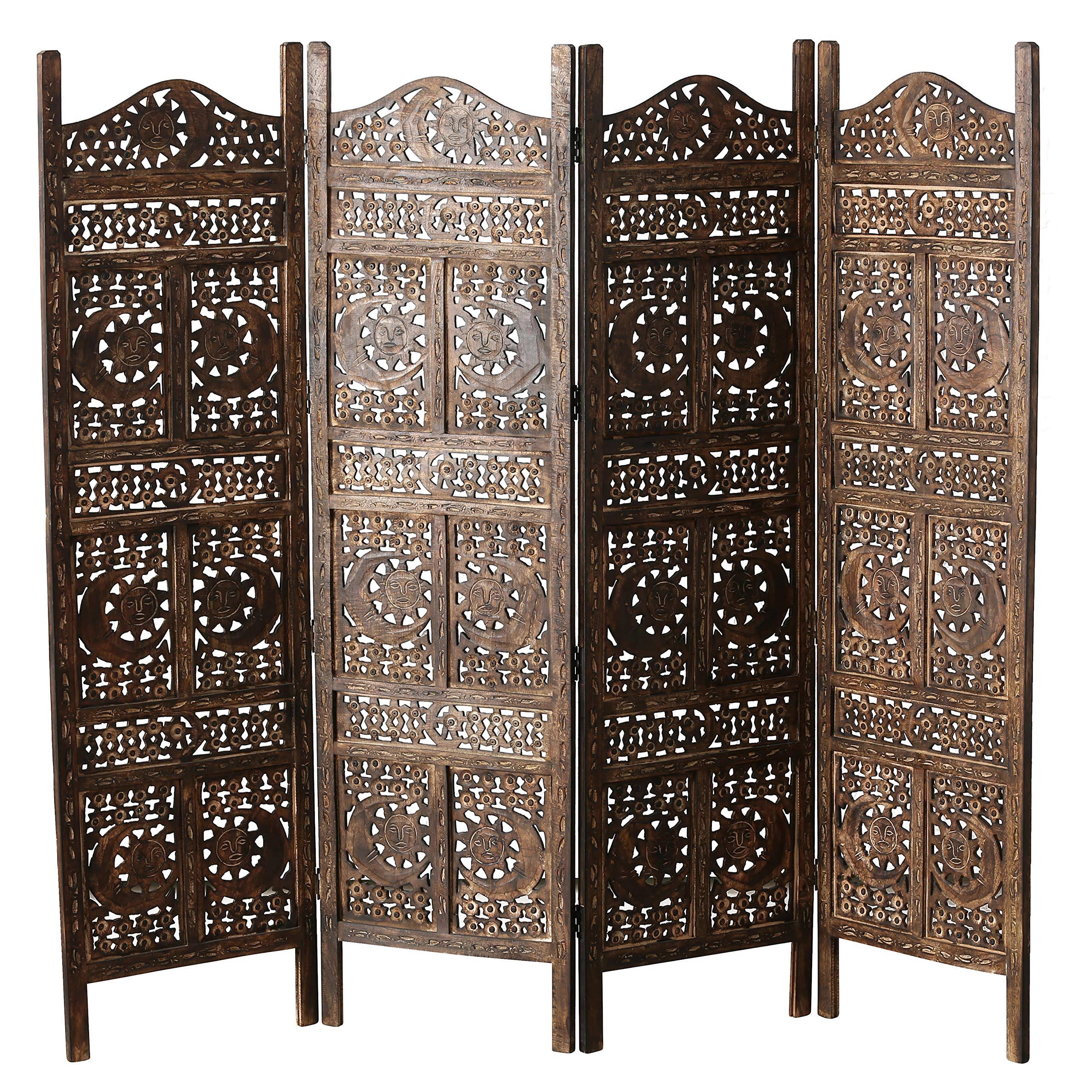 WHW Whole House Worlds Global Chic Sun, Moon and Star 4 Panel Screen Room Divider of Hand Carved Sustainable Mango Wood, 78 3/4 Wide x 3/4 Deep x 71