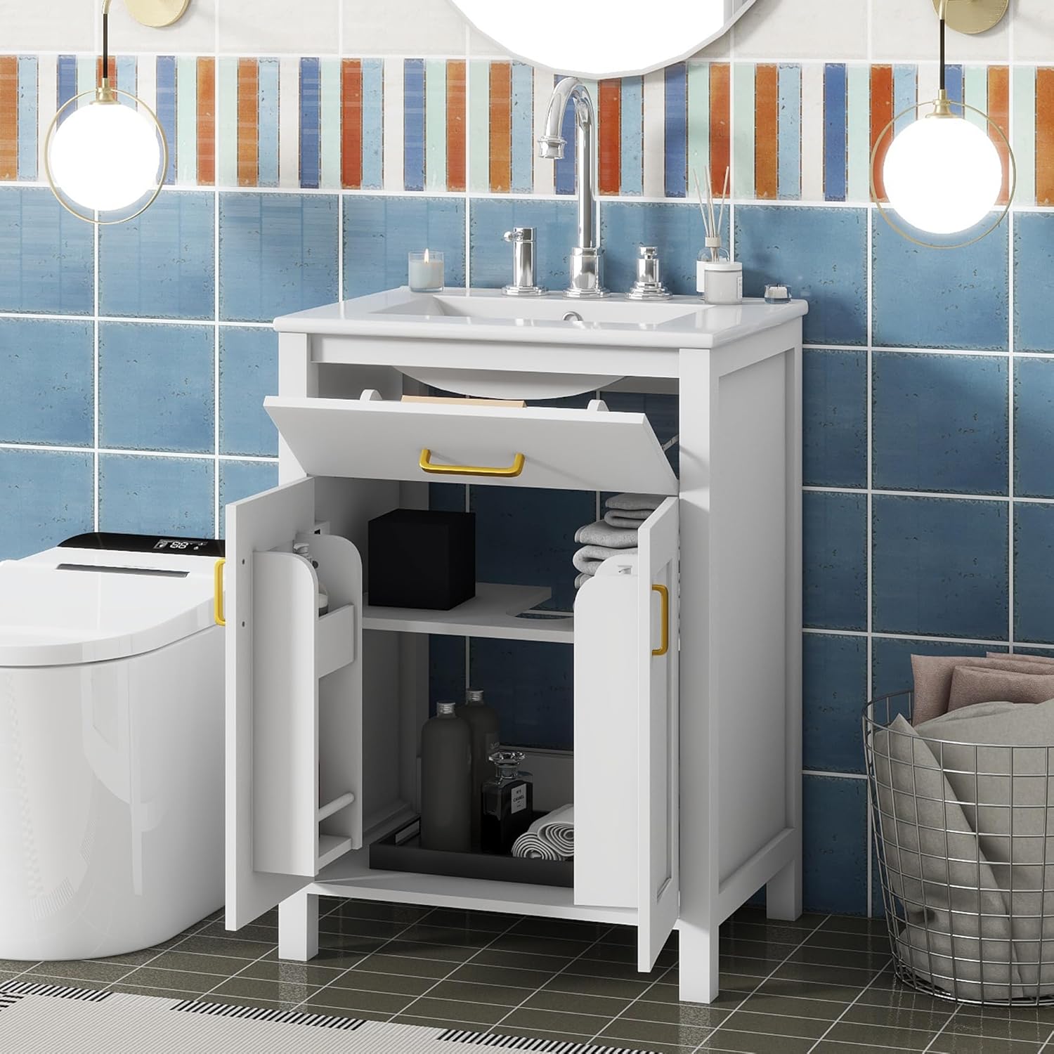 Harper & Bright Designs 24" Bathroom Vanity with Sink, Free Standing Single Basin Vanity Set with 2 Soft-Close Doors and Drawer