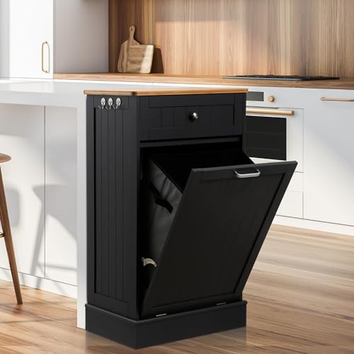 13 Gallons Tilt Out Trash Cabinet Kitchen Waste Bins Free Standing Laundry Hamper Recycling Cabinet Trash Can Holder with Hideaway Drawer Pet Proof