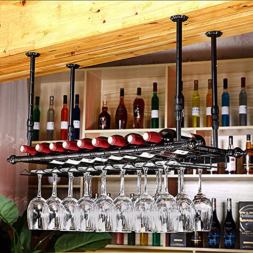 Wine Rack Wall Mounted - Rustic Wine Shelf Metal Ceiling Wine Glass Rack Hanging Wine Bottle Holder Bar Accessories,Wobble-Free,Easy to Install