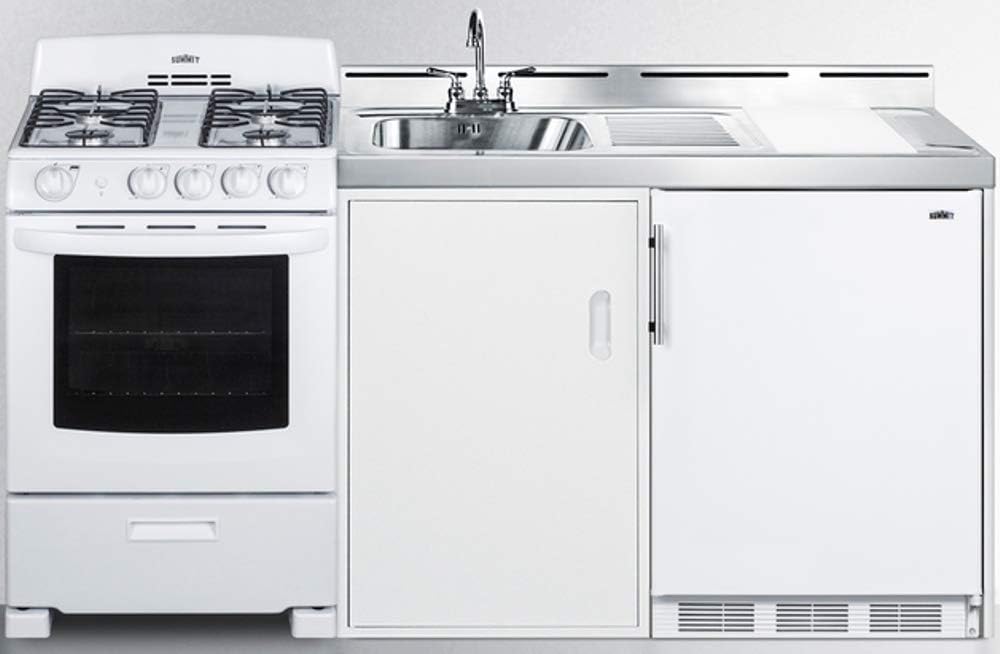 Summit Appliance ACK72GASW 72" Wide All-in-One Kitchenette with 115V 4-Burner Gas Range, Refrigerator-Freezer, Sink