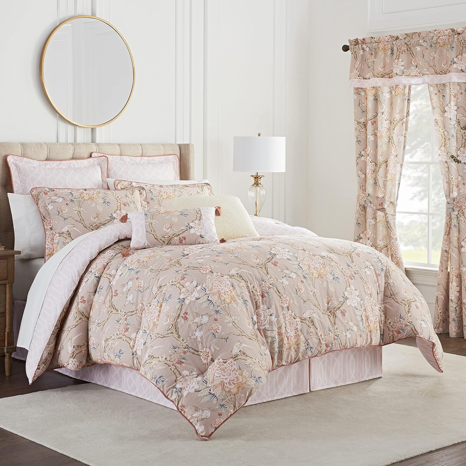 Waverly Peony Gardens 4 Piece Cotton Comforter Set, Embellished All Season Bedding, includes One Comforter, One Bed Skirt and Two Pillow Shams