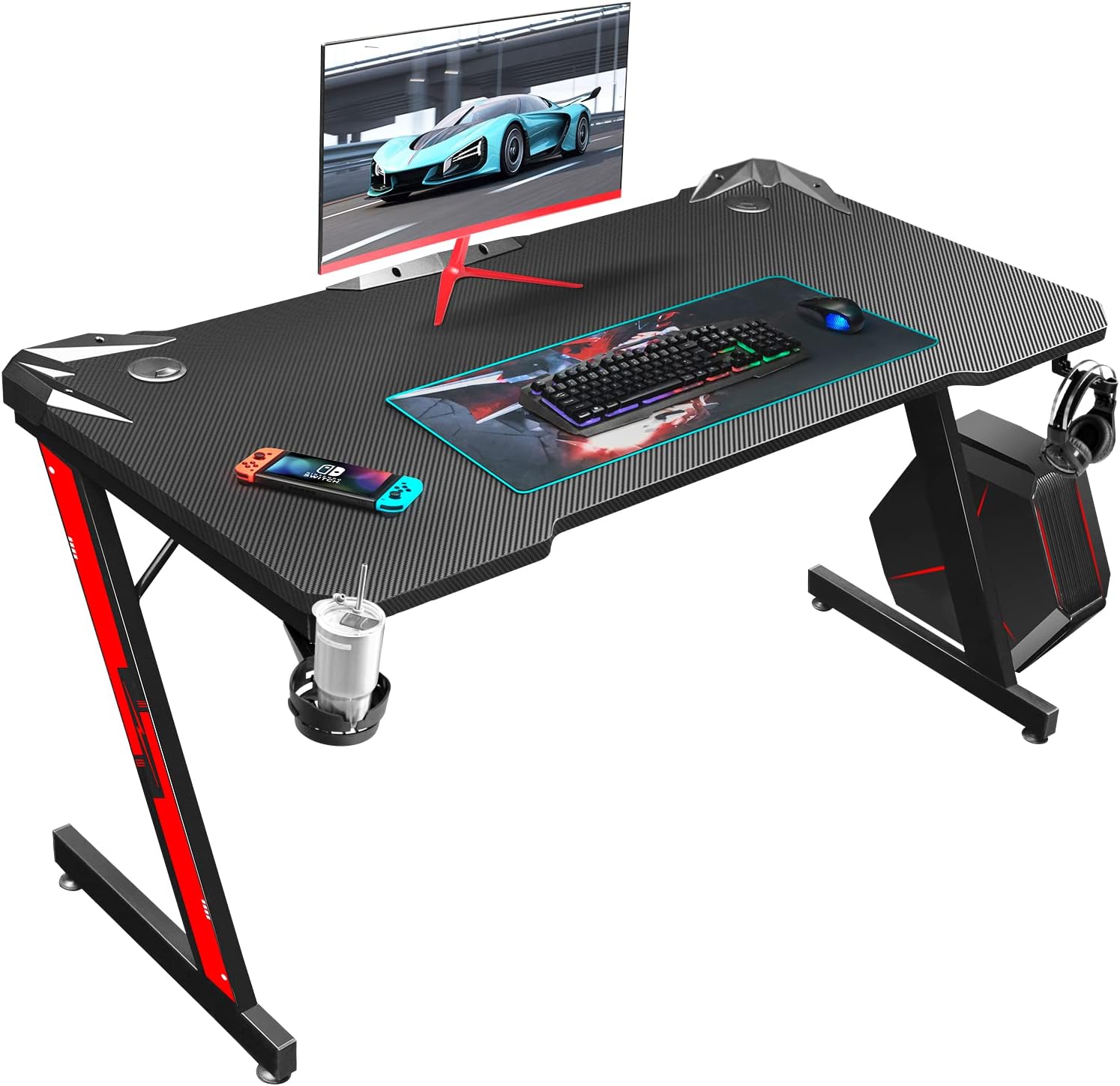 Homall Gaming Desk 44 Inch Computer Desk Gaming Table Z Shaped Pc Gaming Workstation Home Office Desk with Carbon Fiber Surface Cup Holder and