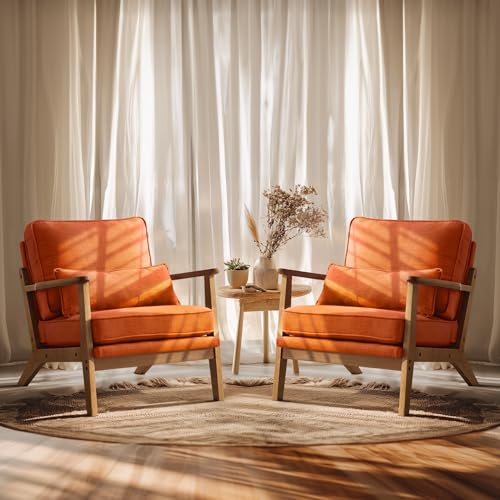 VINGLI Solid Wood Wide Armrests Accent Chair Set of 2,Upholstered Mid Century Modern Chair with Pillow,Comfy Reading Chair,Chairs Living Room,Bedroom
