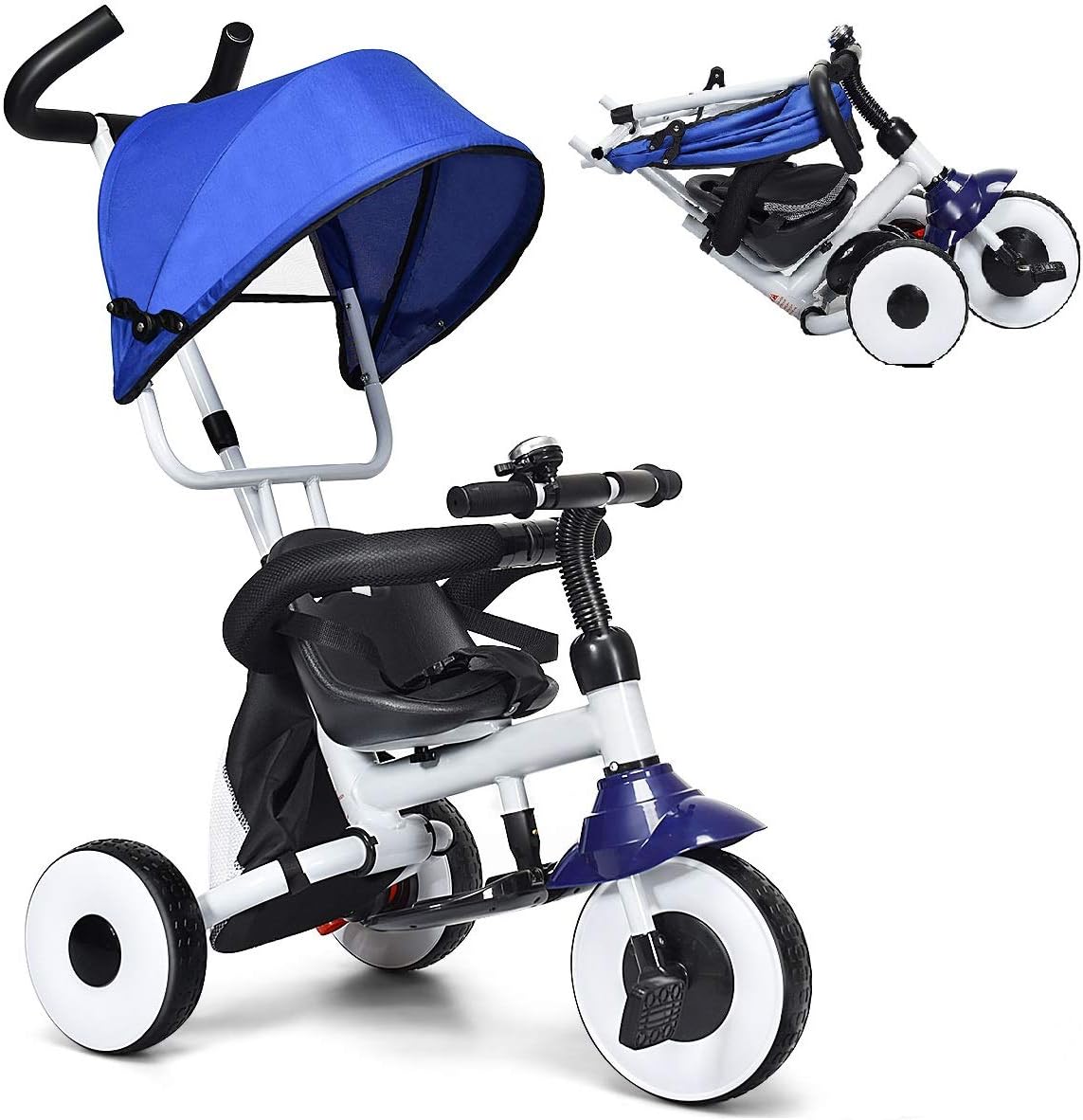 Baby Joy Tricycle for Toddlers, Folding Trike w/Adjustable Parent Handle, Canopy, Storage Bag, Safety Harness & Wheel Brakes