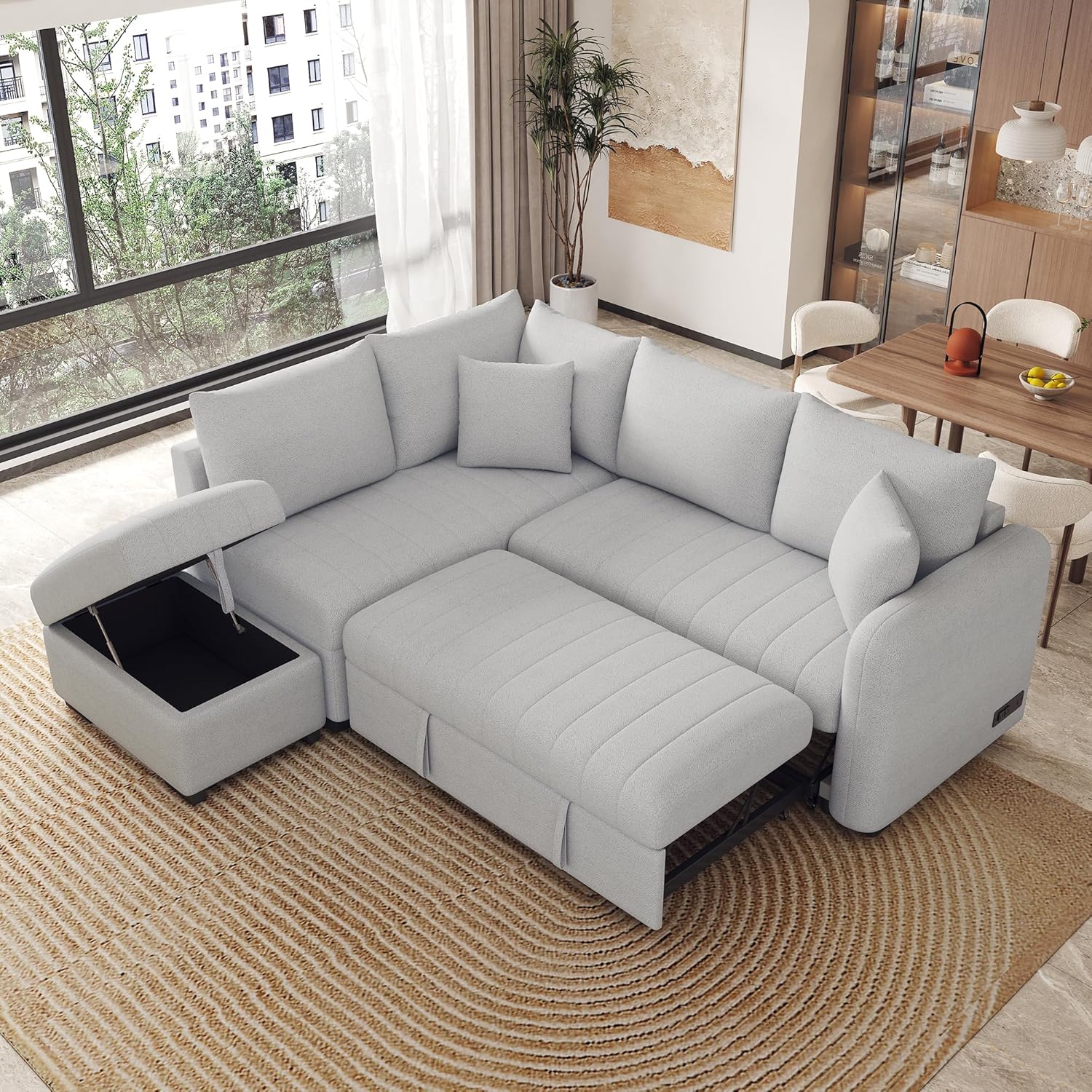 82.6" L-shaped Sectional Pull Out Sofa Bed Sleeper Sofa with Two USB Ports, Two Power Sockets and a Movable Storage Ottoman, Gray