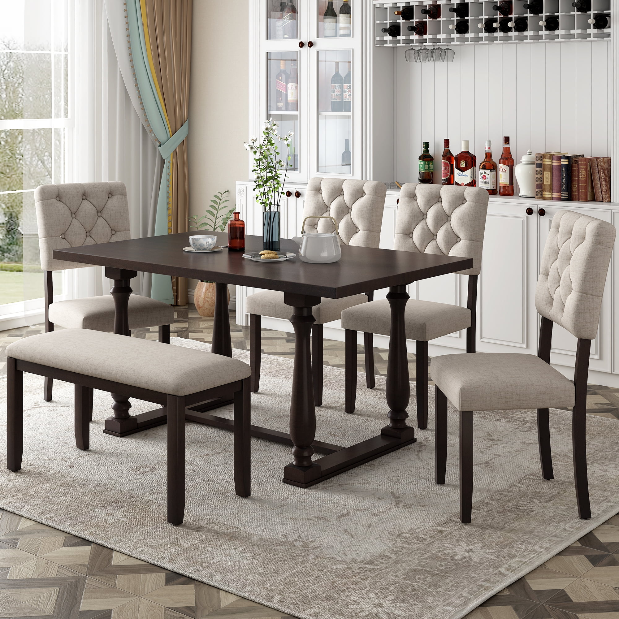 Besthome 6-Piece Dining Table and Chair Set with Special-shaped Legs and Foam-covered Seat Backs&Cushions for Dining Room (Espresso)