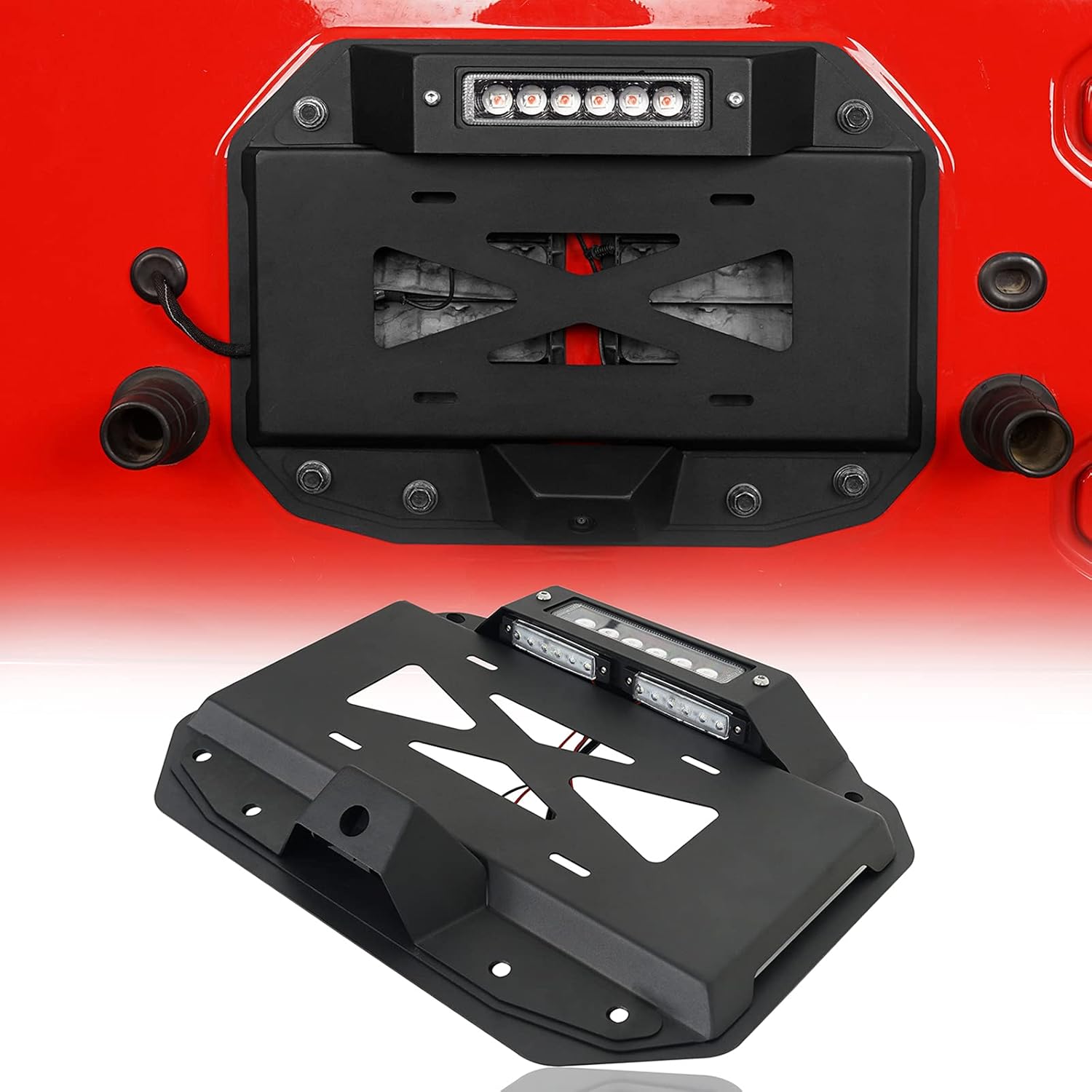u-Box JL Wrangler Spare Tire Delete License Plate Relocation Kit w/Hole for Factory Back-up Camera & Plate Illuminate Light & Third Brake Light