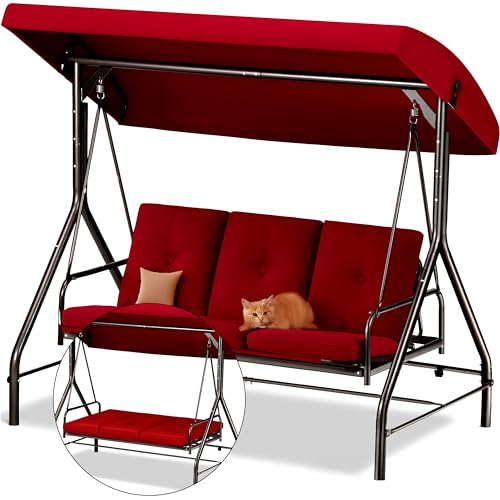 Porch Swing - 3-Seat Patio Outdoor Swing with Canopy for Adultes, Convertible Glider Bed, Thick Removable Cushions & Pillows for Backyard, Porch