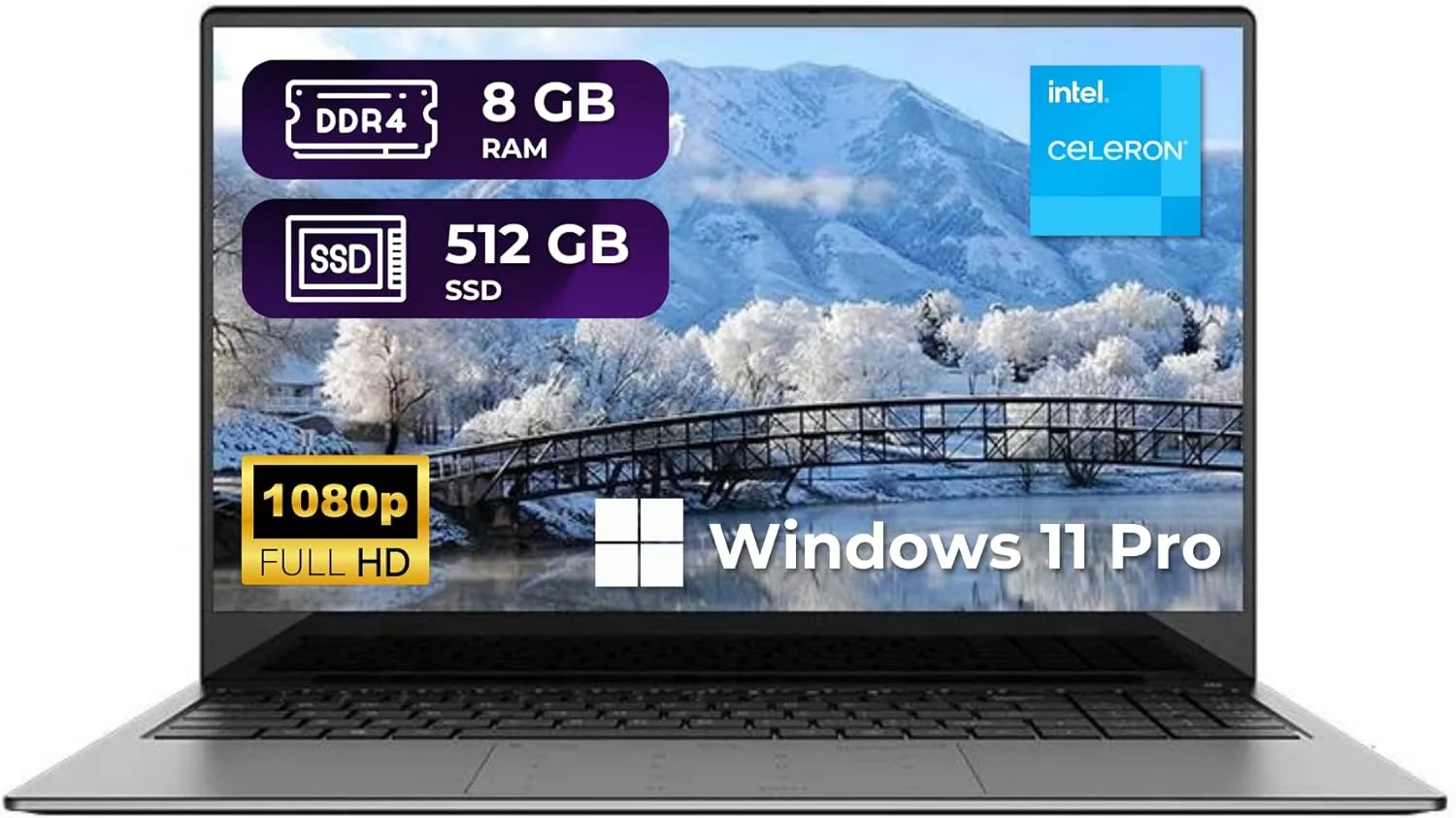 Thunderb E156S 15.6" Laptop - Intel Quad-Core, 8GB RAM, 512GB SSD, Win 11 Pro, Fingerprint, Backlit Keyboard, HDMI, Bluetooth, USB 3.0, HD Webcam