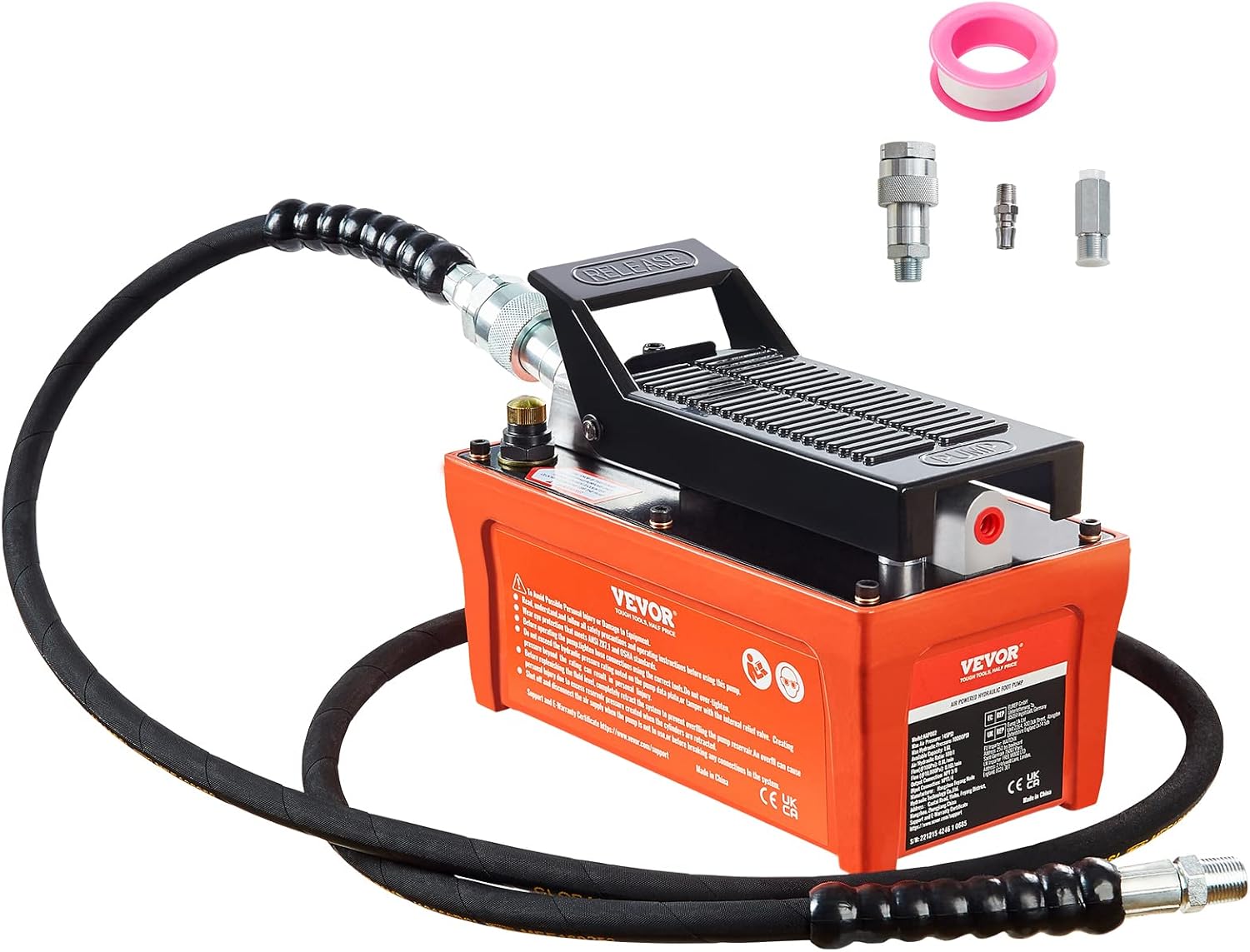VEVOR Air Hydraulic Pump, 10,000 PSI 1/2 Gal Reservoir, NPT 3/8" Oil Outlet, NPT 1/4" Inlet, 6.6 ft Pipe