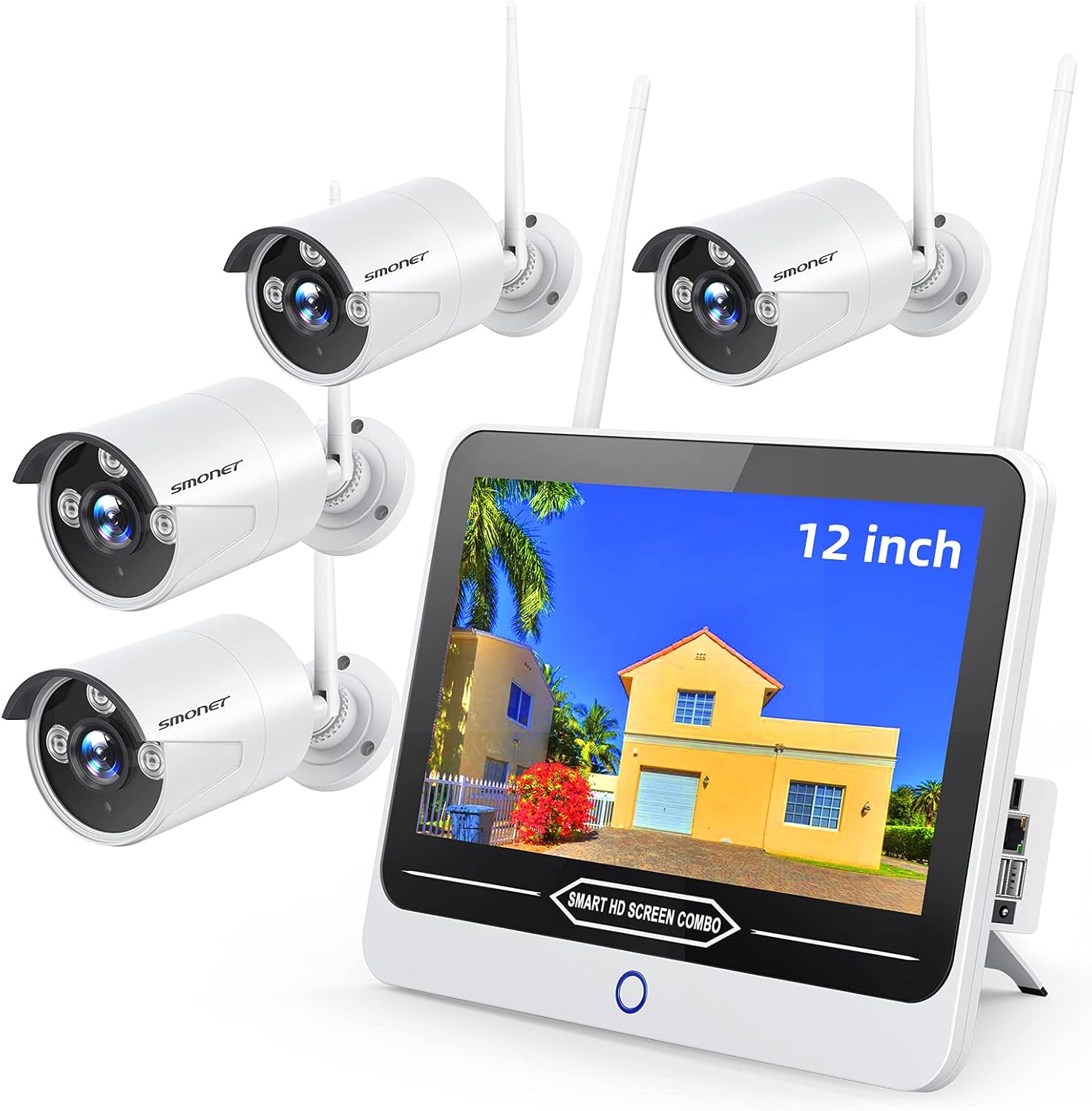 3MP Security Camera System Wireless with 12” Monitor,SMONET 8CH WiFi Home Surveillance NVR Kits All in One,4Pcs 3MP Outdoor Indoor CCTV IP Cameras