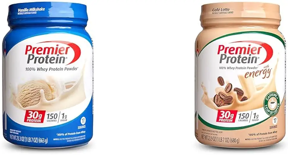 Premier Protein Powder Vanilla & Cafe Latte, 30g Protein, 1g Sugar, 17 Servings, 100% Whey, Keto, Gluten Free, 23.3 & 23.9 Ounces