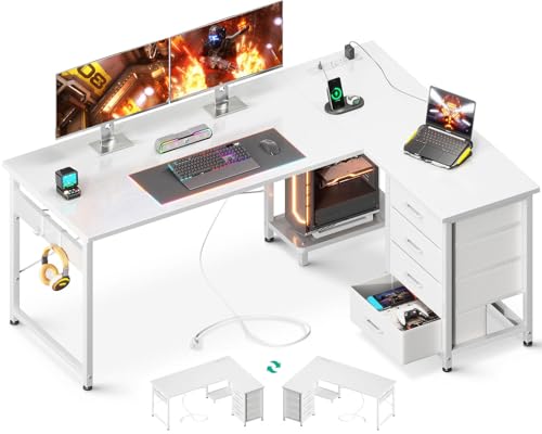 AODK L Shaped Gaming Desk with 4 Drawers, 61" Reversible Home Office Desks with Power Outlets