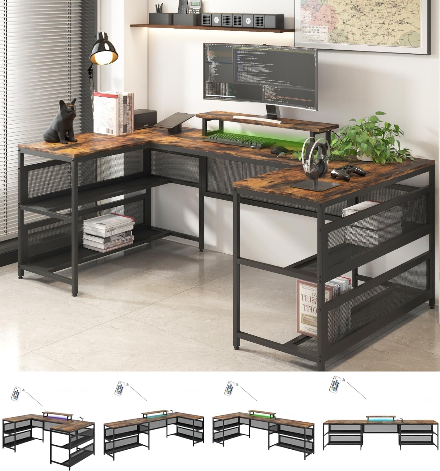 U Shaped Desk with Power Outlets & LED Lights, 82" L Shaped Computer Gaming Desk with Shelves