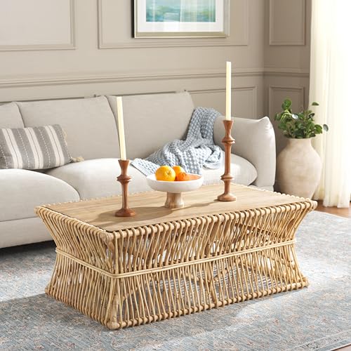 SAFAVIEH Home Collection Gensho Tropical Coastal Boho Natural/Golden Brown Rattan Solid Wood Coffee Table (Fully Assembled)