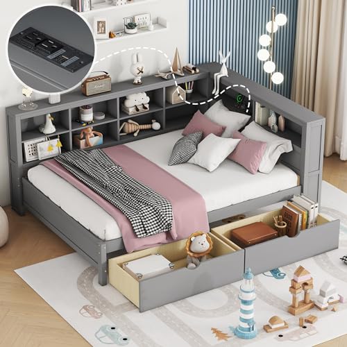 Twin Size Daybed with Bookcase and Drawers, L-Shape Daybed with USB Ports and Storage Headboard