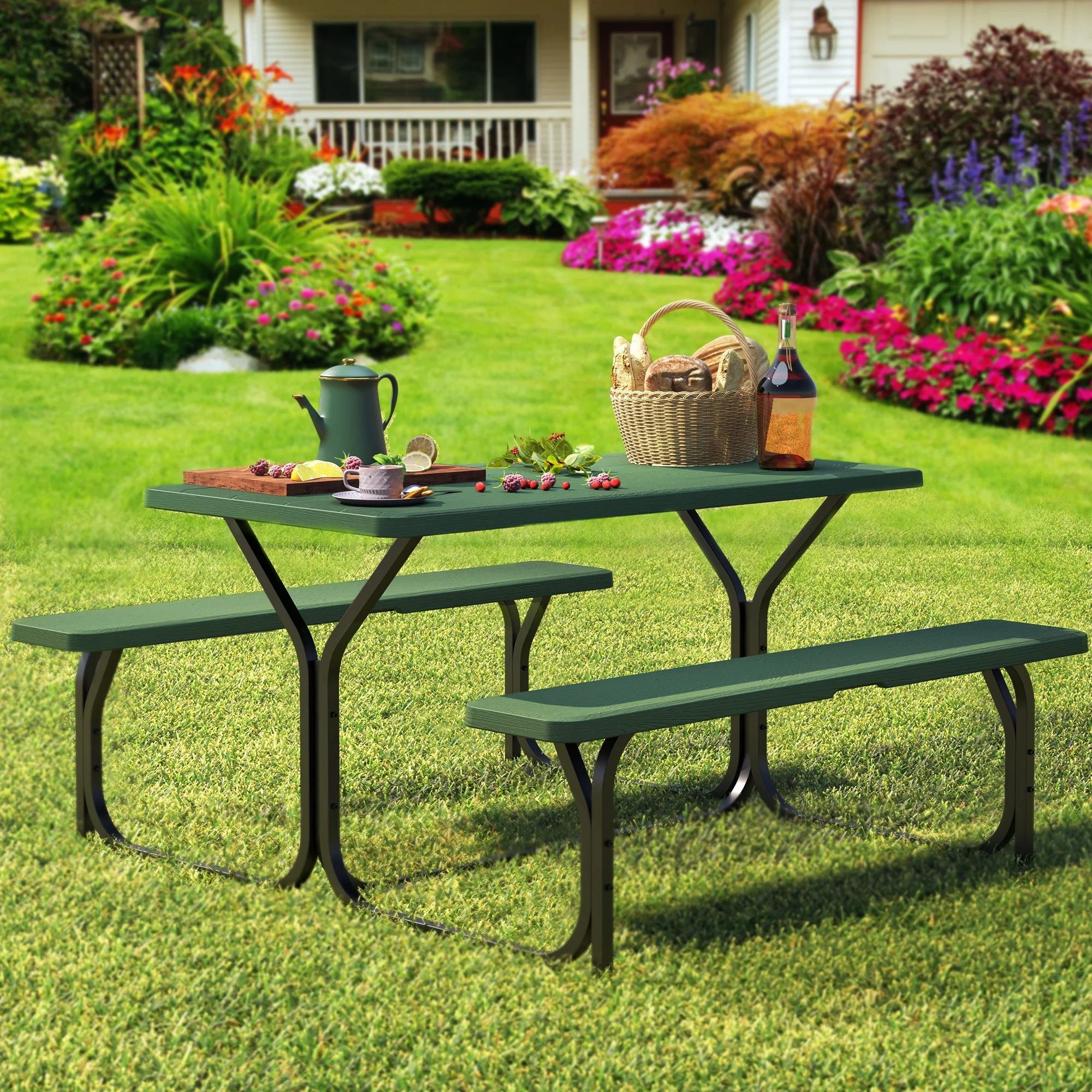 Dextrus Heavy-Duty Outdoor Picnic Table Set with Weatherproof Resin Tabletop, Sturdy Steel Frame for Yard, Patio, and Lawn, Green