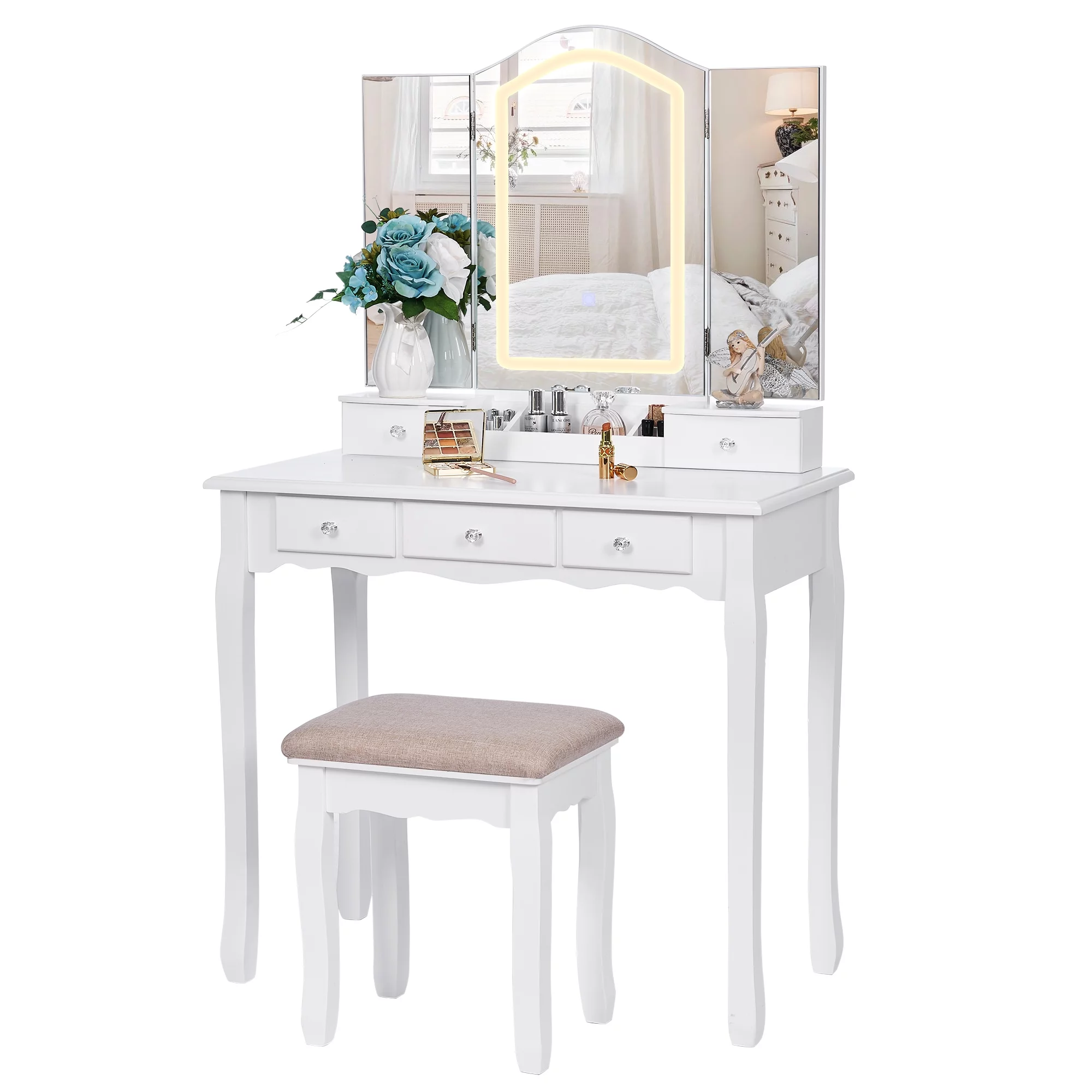 BEWISHOME Vanity Desk with Mirror and Lights, Makeup Vanity with Lights, White Vanity Set with Tri-Folding Mirror with 3 Colors