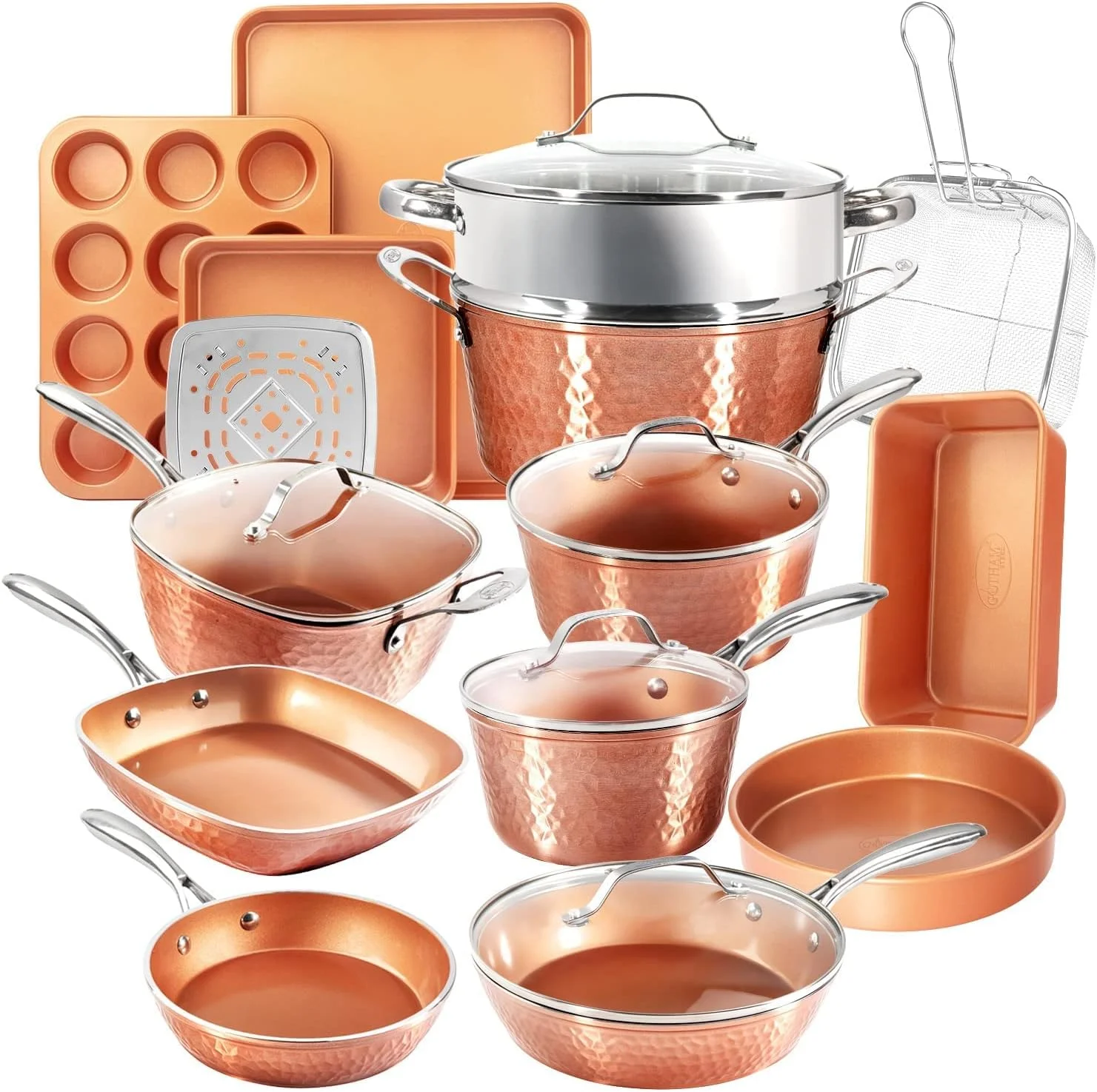 WAGEE Hammered Copper Collection – 20 Piece Premium Pots and Pans Set Nonstick Ceramic Cookware + Bakeware Set for Kitchen