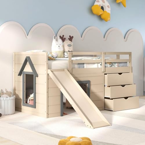 KOMFOTT Twin Low Loft Bed with 3 Storage Drawers & Underneath House, Wood Loft Bed with Slide, Ladder, Guardrails & Under-Bed Play Space