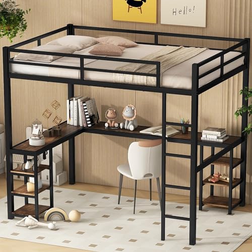 Full Size Loft Bed with Desk and Storage Shelves, Heavy Duty Metal Loft Bed with L-Shaped Desk and Ladder, Full Size Loft Bed for Kids