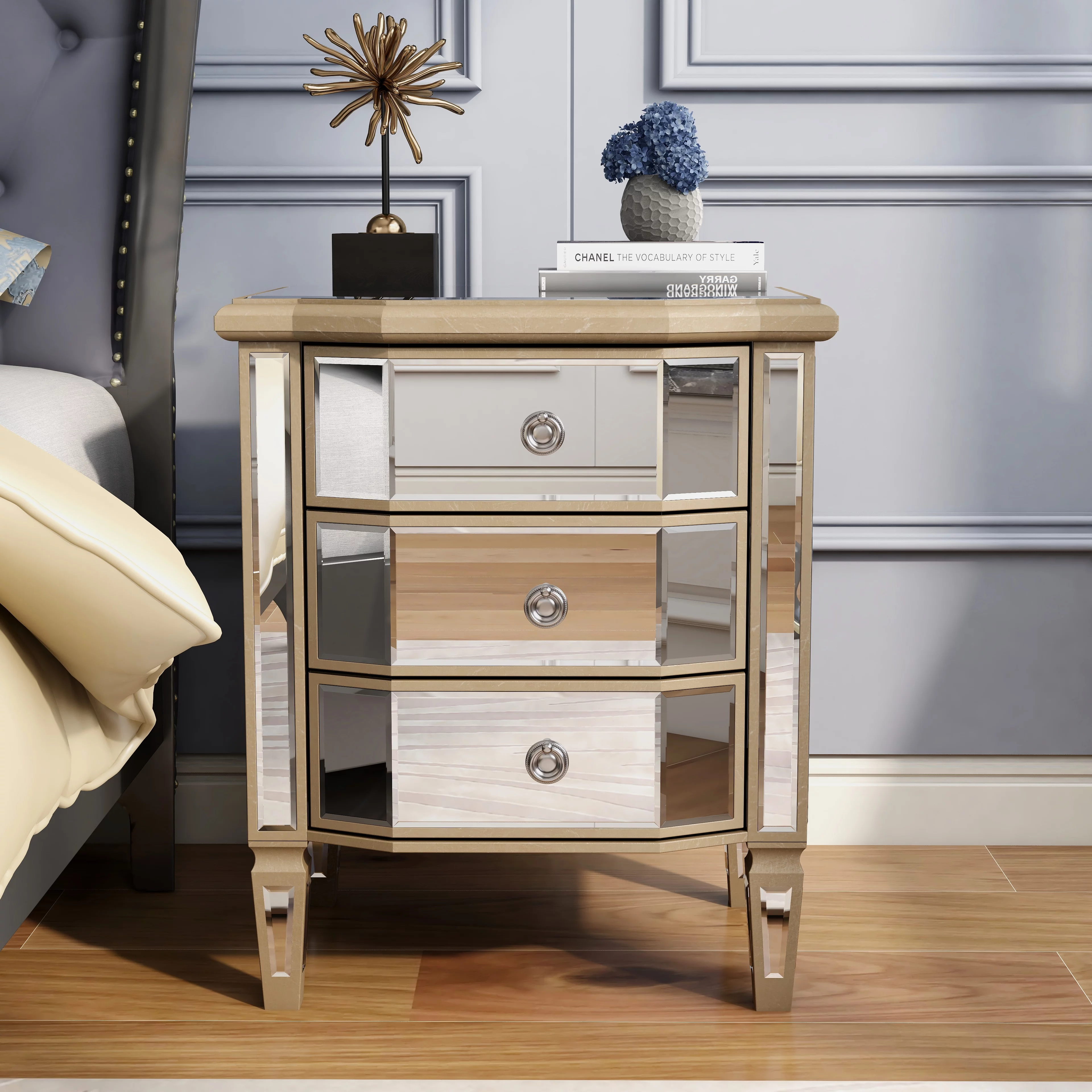 Accent Mirror Glass 3 Drawers Vintage Nightstand End Table Bedside Table Furniture for Bedroom, Living Room