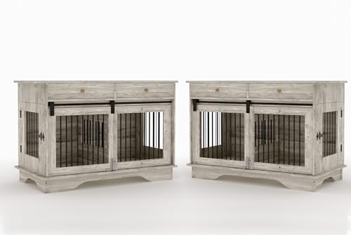 Dog Furniture Crate, 47" Large Dog Crate Furniture w/ 2 Storage Draws & Removable Divider for Large/Medium/Small Dogs (Grey, One Cage)