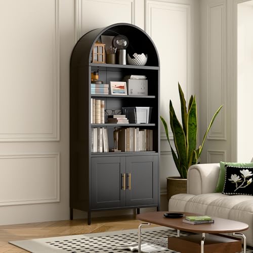 73 in Tall Metal Arched Bookcase, 5-Tier Arched Bookcase with Doors, Modern Farmhouse Bookshelf with 2 Adjustable Shelves