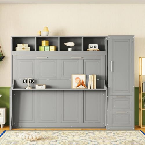 Queen Size Murphy Bed Wall Bed with Closet and Drawers, Foldable Platform Bed Folded into Cabinet, Muti-Functional Designed for Home Office (Gray/L1