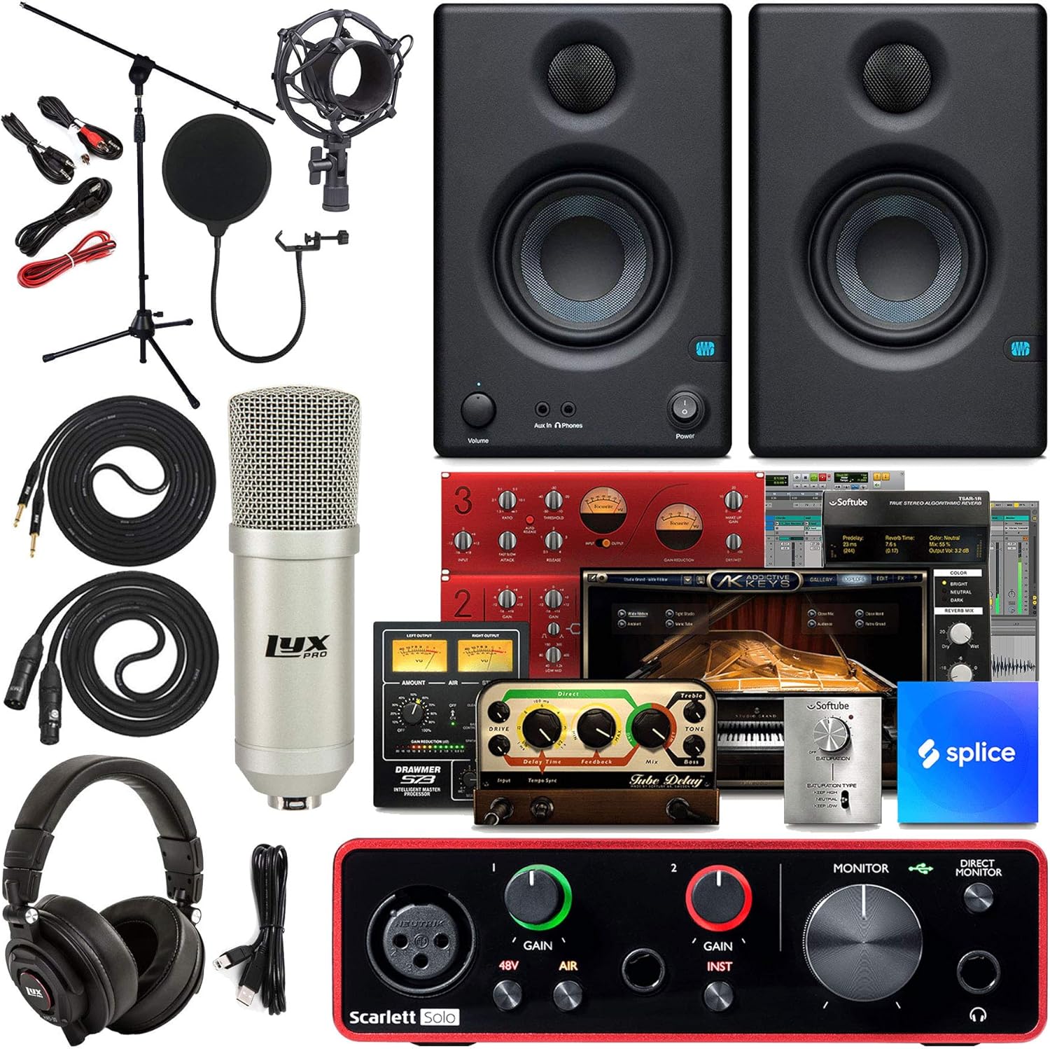 Focusrite Scarlett Solo 2x2 USB Audio Interface Full Studio Bundle with Creative Music Production Software Kit and Eris 4.5 Pair Studio Monitors and