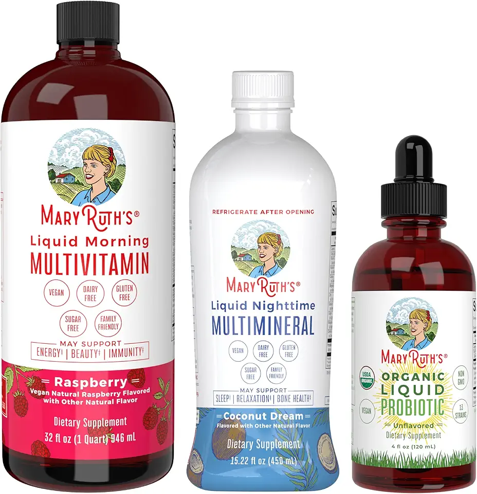 MaryRuth's Medium Triad of Health: Morning Multivitamin Raspberry (32oz), Nighttime Multimineral Coconut (15.22oz)