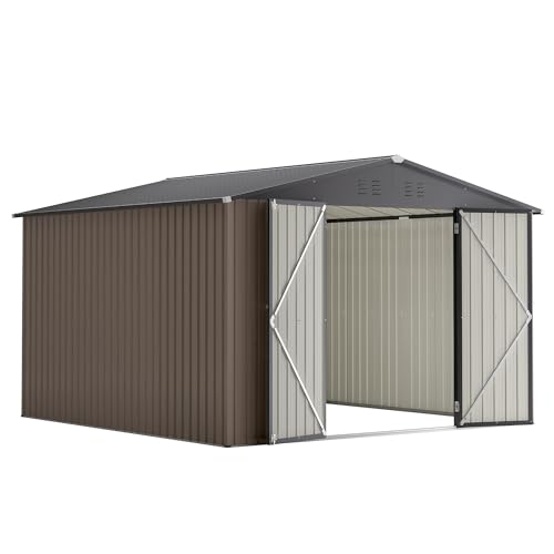 10x10 FT Ourdoor Storage Shed - All Weather Metal Storage Shed with Lockable Doors, Air Vents & Sloped Roof