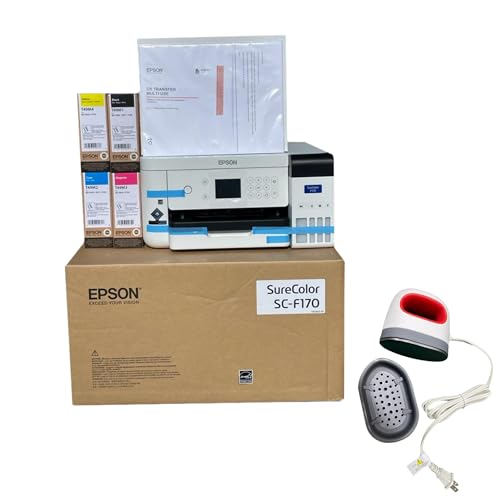 Epson F170 Cartridge-Free eco Supertank Sublimation Color Printer Starter Bundle. Free Mini Iron Heat Press Machine
