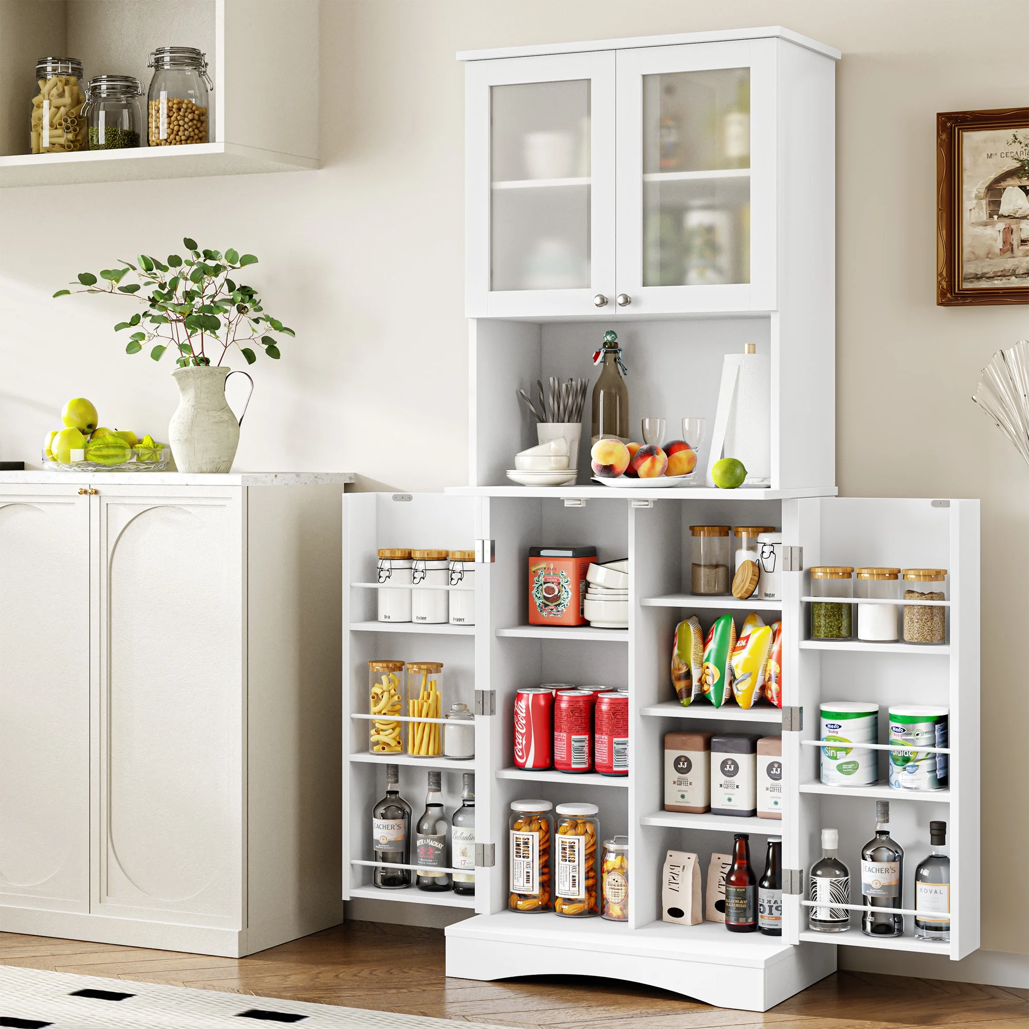 Homfa 63'' Food Pantry Cabinet, 4 Doors Kitchen Storage Cabinet with Adjustable Shelves, Microwave Cabinet for Dining Room, White