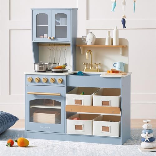 Tiny Land Play Kitchen for Kids with Enhanced Storage – Modern Toddler Kitchen Playset with Stove, Sink & Accessories, Organized Wooden Toy Kitchen