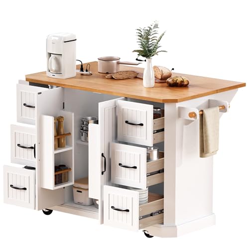 Amposei Rolling Kitchen Storage Island on Wheels with Power Outlet, Drop Leaf Breakfast Bar Kitchen Cart Island Table with Drawers