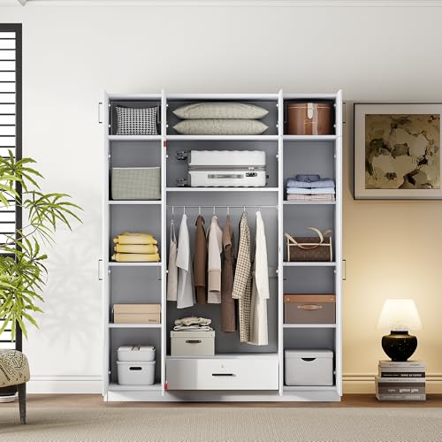 Modern Three Door Storage Wardrobe with Cabinets, Wardrobe Armoire Closet with 2 Hanging Rods