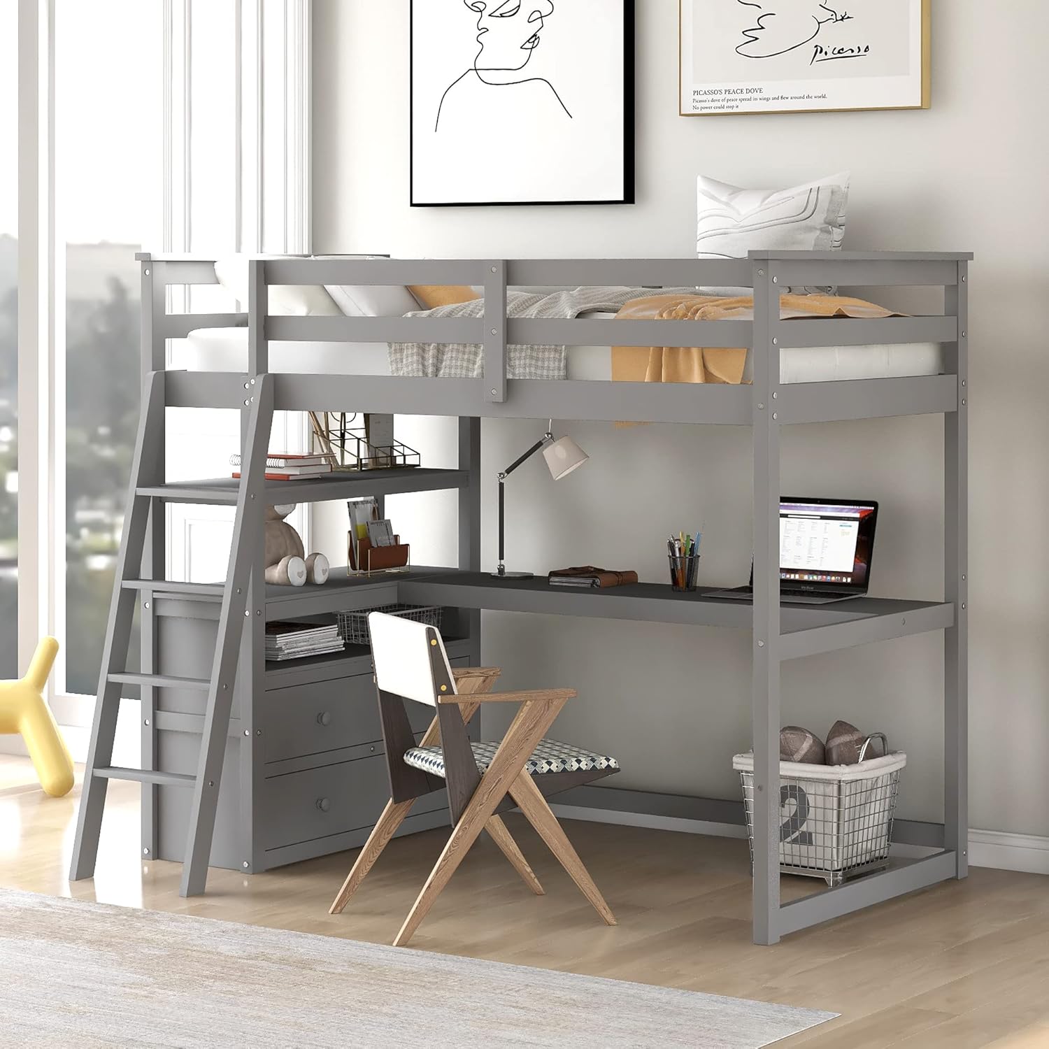 Merax Twin Size Loft Bed with Desk, Shelves and Two Built-in Drawers, Solid Wood Bed Frame for Teens, Grey