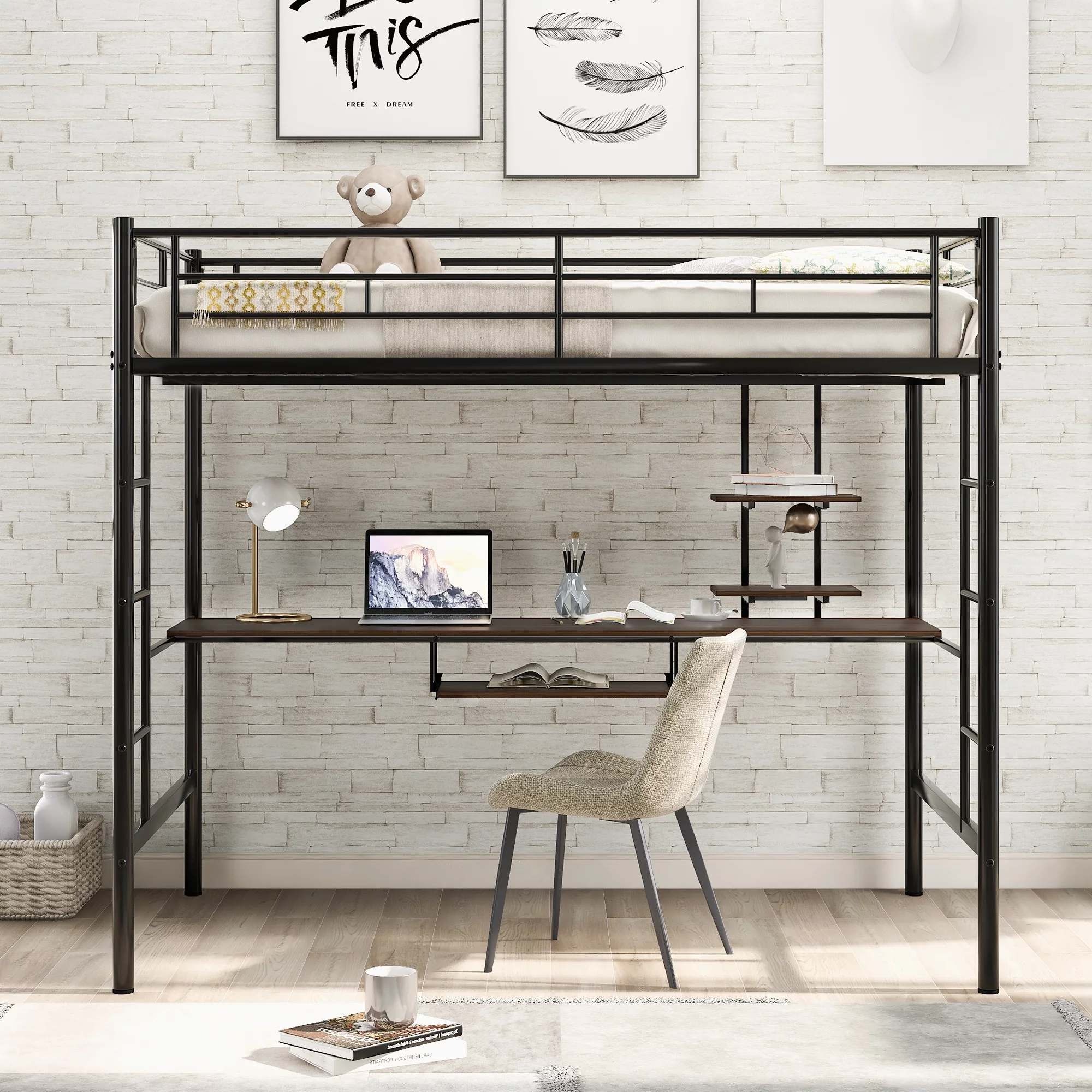 Loft Full Bed with Keyboard Tray Single Bunk Bed with 2 Shelves and one Desk Space-Saving Bunkbed High Sleeper Multipurpose Use