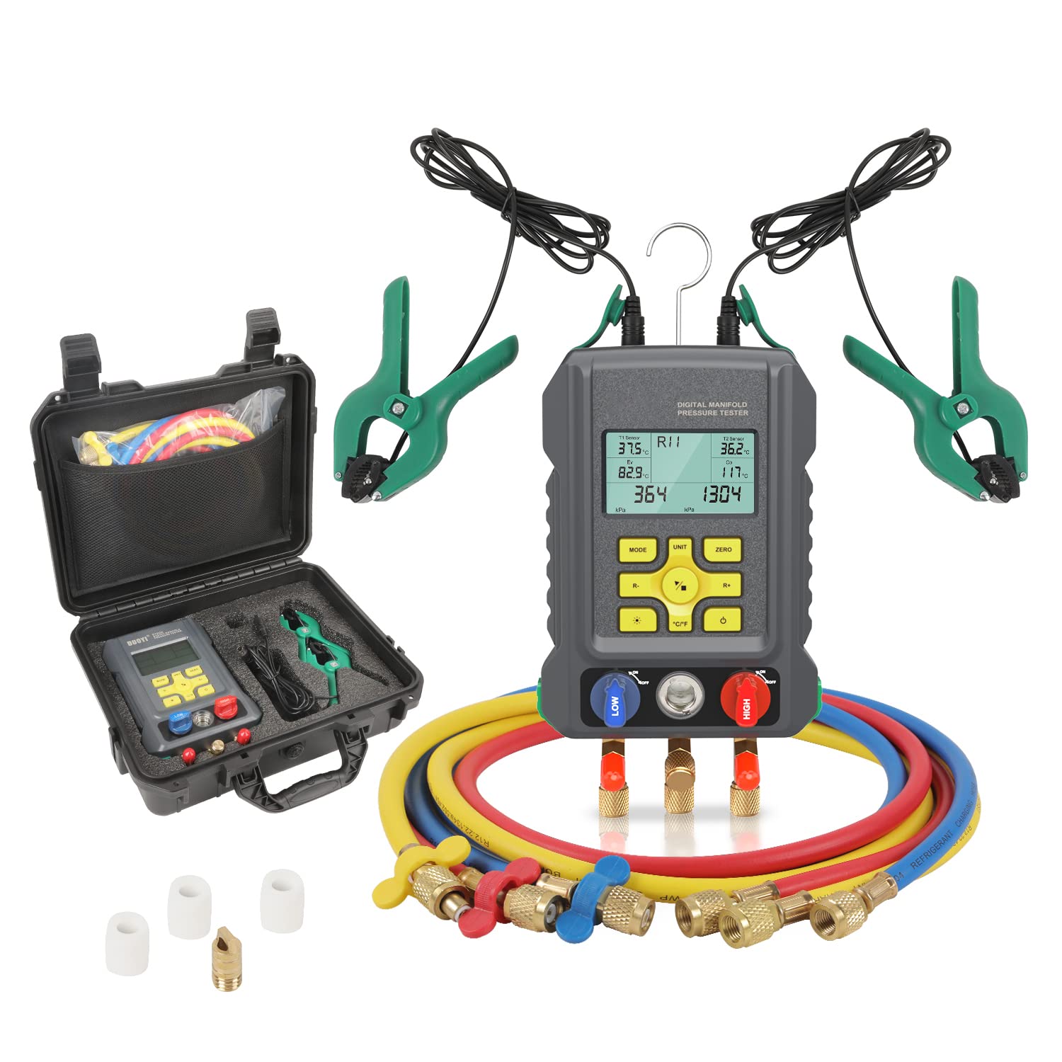 HVAC Gauges 93 Refrigerant Detection Digital Manifold Gauge Set HVAC Pressure&Temp Test HVAC Manifold Upgraded Ball Valve Digital Refrigerant Gauges