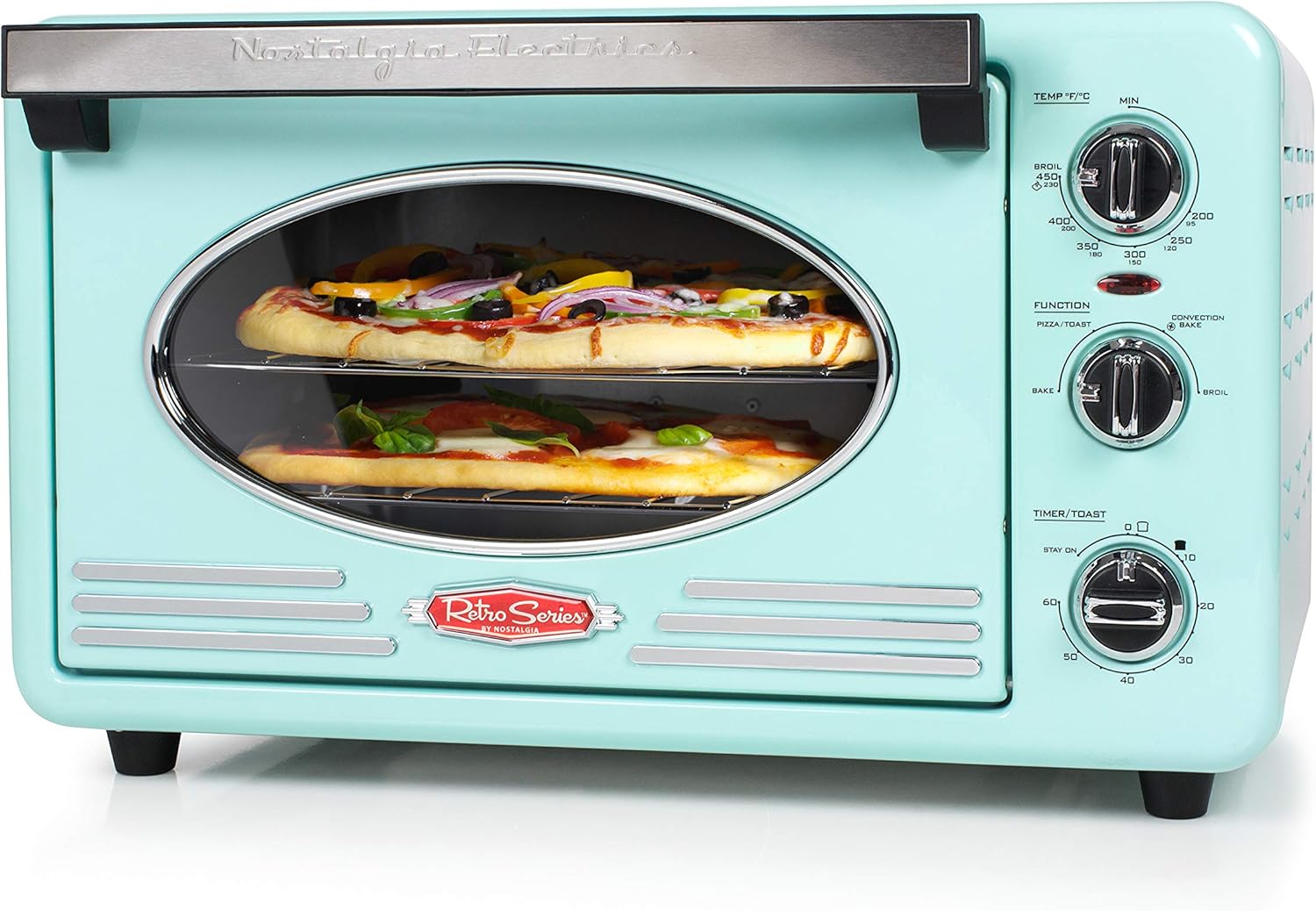Nostalgia RTOV2AQ Large-Capacity 0.7-Cu. Ft. Capacity Multi-Functioning Retro Convection Toaster Oven, Fits 12 Slices of Bread and 2-12-Inch Pizzas
