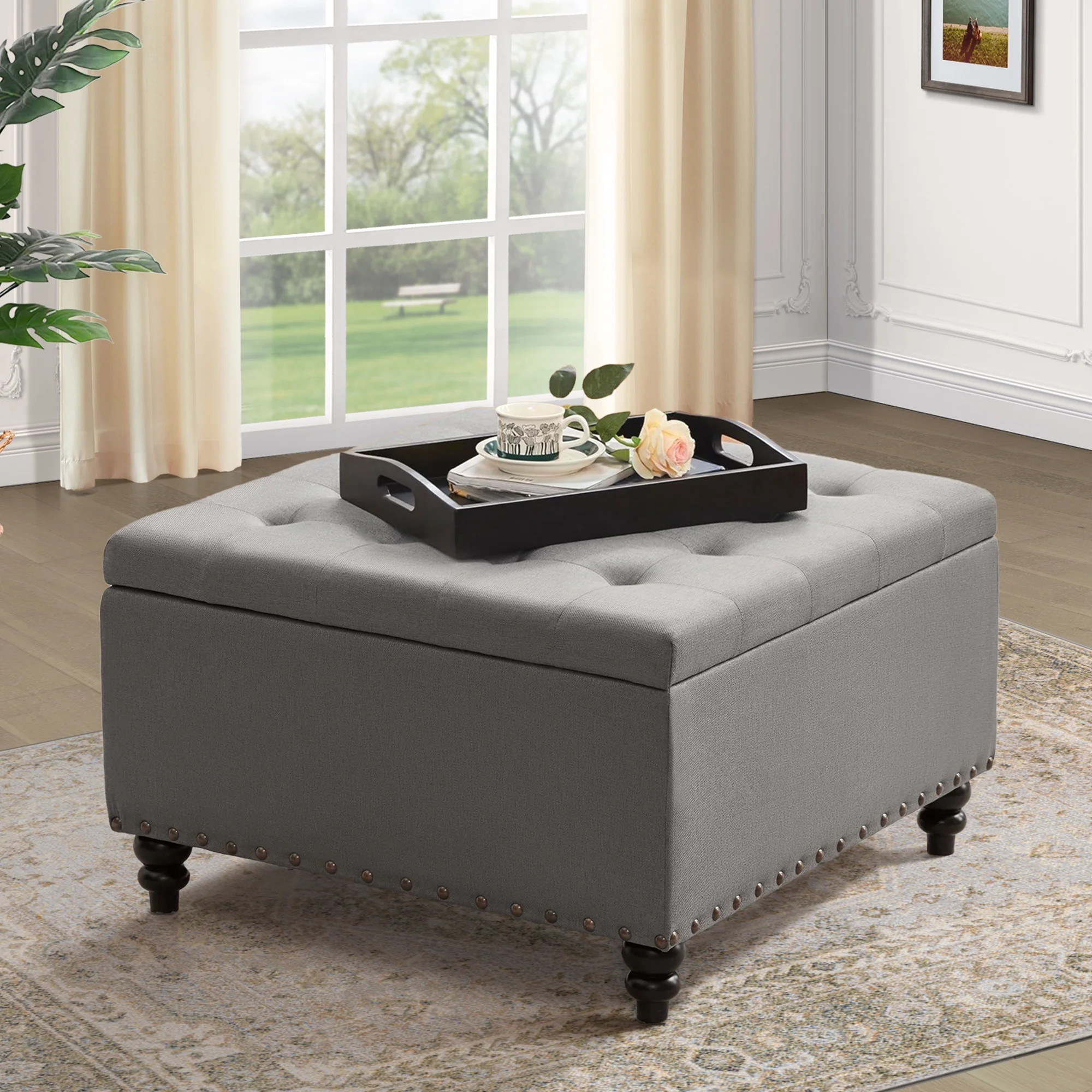 HUIMO 30" Large Square Coffee Table Lift Top Storage Ottoman Bench in Upholstered Tufted Toy Box, For the Living Room, Bedroom (Grey-tray)
