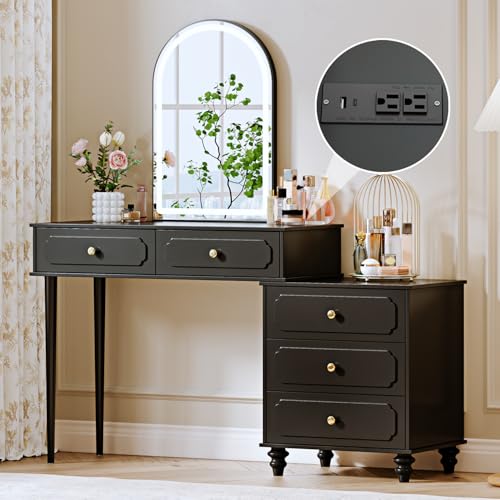 Black,Vanity Desk with Mirror and Lights,Makeup Vanity with Power Outlet and Adjustable Cabinet