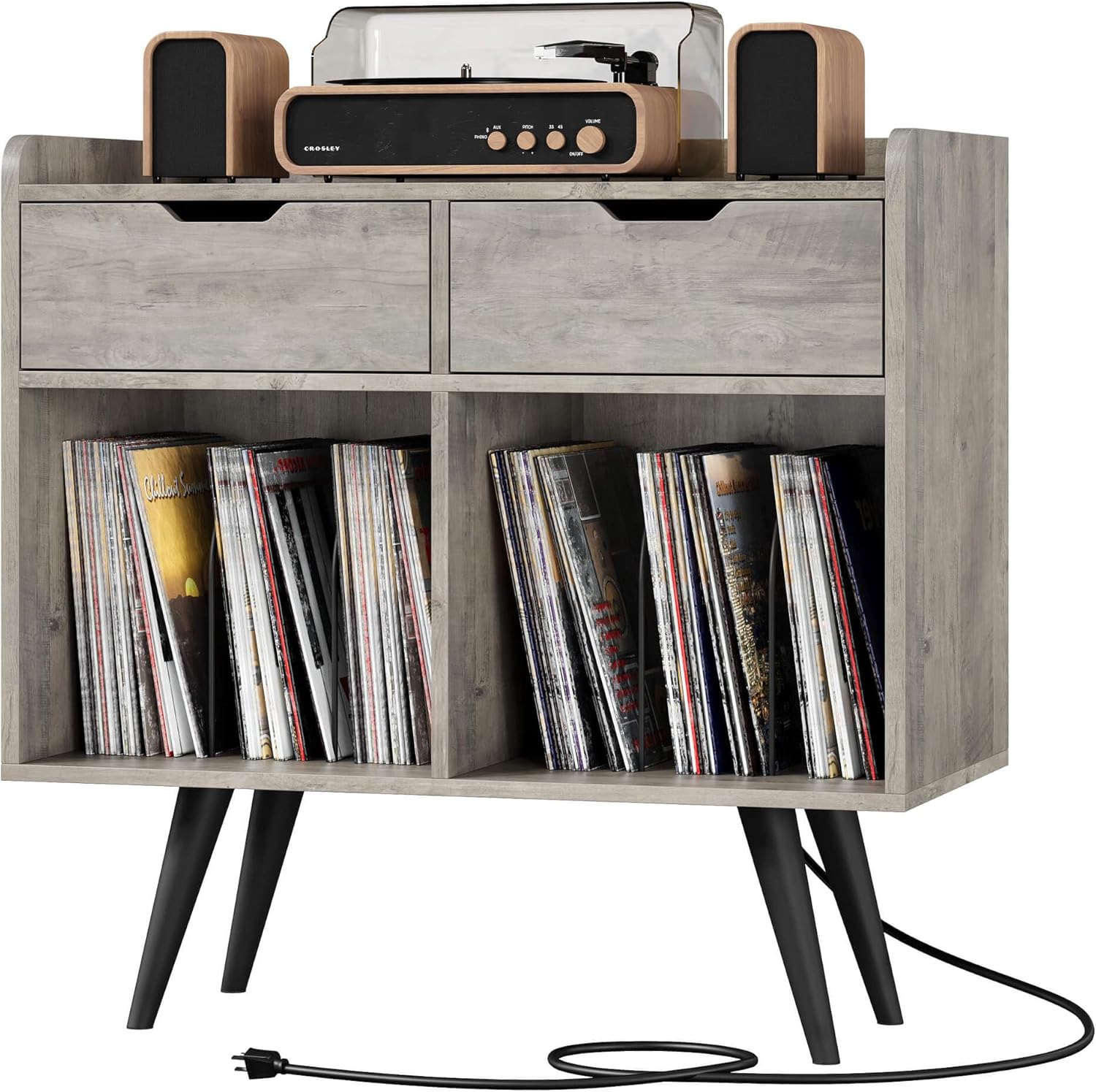 Record Player Stand with Storage, Farmhouse Record Table Cabinet with Power Outlet & Drawers